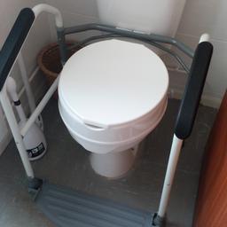 Foldable adjustable toilet rail surround, folds for easy storage or portability. It enables an elderly or disabled person to easily stand from using the toilet with the surround arms.  Buyer to collect.