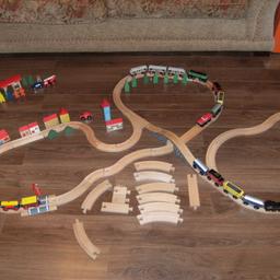 Collection of wooden train track pieces, trains and other accessories. Also have listed a complete figure of eight train set, but both can be combined. My son used to come up with loads of different designs for the track. See my other listings.