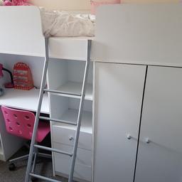 Single high sleeper bed with lots of storage in good condition. Some marks on the top of the desk area which I've tried to show in the picture. Sold without mattress. Buyer to collect from Morley and dismantle. Approx. 1 year old. Please see attached pictures for more information.