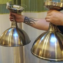 2 x Stainless Steel Retro Ceiling Lights - Complete With Bulbs

Both have glass covers underneath

Very good condition, change of decor forces sale.

35cm H x 30cm D x 30cm W

60w ES GLS or 11w energy saving bulbs

£15 for both (no offers!)