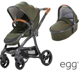 Dark Green egg pushchair with gold insert will include pushchair carry cot 2x rain cover and pushchair  cover brown leather handle no damage used but inserts can be taken apart and washed again really good condition