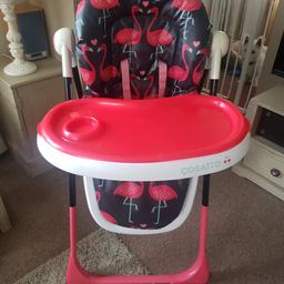Used highchair in good condition still. One side of the numbers has slightly worn off but doesn't effect use. See pictures. 5 Height adjustable settings, tray with additional removable top tray. 3 different heights for straps and the chair also reclines and has moving foot step. Used at grandparents house.

Collection from Mountsorrel, 35ono please