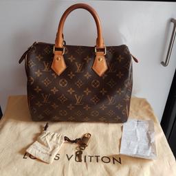 Genuine Louis vuitton speedy 25, in excellent condition. Used few times with lovely honey patina, clean inside, no marks or tear. The bag comes with the receipt, dust bag(which is marked), padlock, 2 keys and their pouch. A reluctant sale so silly offers will be ignored.