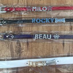 Dog or cat collars
Xs, s,m,l
Measure your dogs neck for size
Upto 7 rhinestone letters , white, pink,blue, gold
Collars =White,blue,pink,black,purple, red
Just tell me collar size and name
Price is for collar and letters , charms can be added for 50p extra
Postage add £1.50