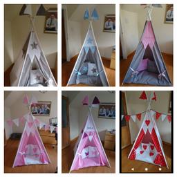 These are made to order. To your own personalisation. I can post to mainland UK. If you have any questions please don't hesitate to ask. From £35 for a basic two colour tepee. And £39 for a design or name on one side. Postage is £4.79 collection from Cannock Staffordshire