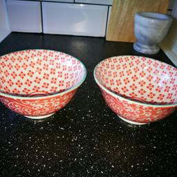 Used

Dining

Japanese/Asian eating bowls
Bowls
X2
Made of china
Orange, white and green decorative pattern
Small bowls
Height/depth is 7cm
Width is 15cm
From Tkmaxx

Purchased originally for £8

From a non-smoking and pet free home

In good condition

Item is just no longer required

Collection only