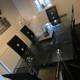 Glass dining room table and 6 black chairs for sale! Immaculate condition! ✨