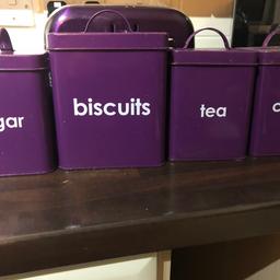 The canisters include sugar, biscuit, tea, coffee and bread which is not included in the picture. Has a few scratches but in good condition. Bought for £45