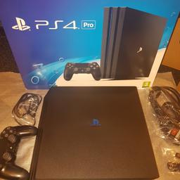 Sony PlayStation 4 (PS4) Pro.
2tb HDD.
Black.
Boxed.
4k HDR Gaming.
Control pad and cables included.
Vertical Stand included (not official).

This console was bought new less than 10 months ago. It has been upgraded with a 2tb hard drive (1gb more than standard) to allow much more storage space for games and apps.
The console has been well looked after and comes from a smoke and pet free home.

Silly offers will be ignored.
2tb HDD was £65 alone.

Collection only.