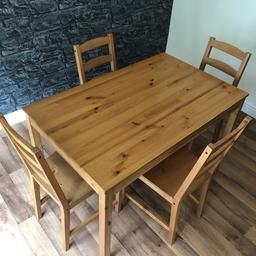 Table and chairs in great condition. No damage just a few general marks here and there. Table size is 46 1/2 inches by 29 1/2 inches (118cm by 75cm)