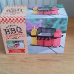 BBQ Condiment Set, unused, includes salt/pepper shakers, sauce bottles and dish. Collection only from Rochester, Kent.