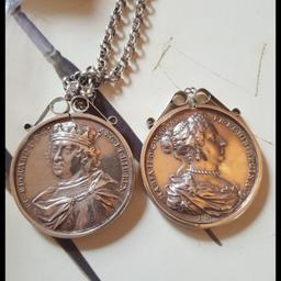 two old silver medallions one with silver chain 150 ono