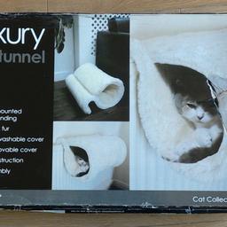 luxury cat tunnel
radiator mounted or floor stand
luxury faux fur
machine washable cover
easily removable cover
sturdy construction
easy assembly
never been used ( cat never liked it )
cost me £45.00 +