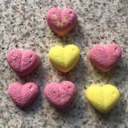 I sell these adorable cute heart bath bombs for 50p each, if you purchase 6 or more I will pop them into a glass jar. These are cherry and sherbert lemon scents but plenty more available