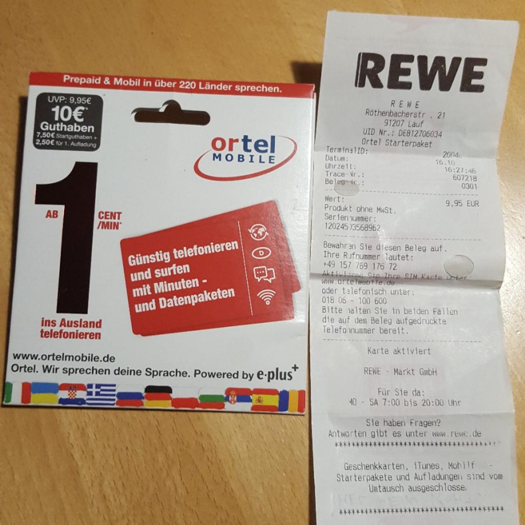Prepaid sim Ortel Neu mit 7.50€ Guthaben 4€ in 91207 Lauf an der