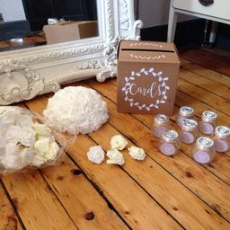WEDDING ITEMS
FOAM FLOWER CENTRE PIECE
BAG OF FOAM FLOWERS TO SCATTER AROUND
RUSTIC CARD BOX
SOME SWEET JARS ONE LID MISSING
LABELS CAN BE PEELED OFF OR STUCK OVER
SMOKE FREE PET FREE HOME
