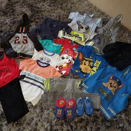 large boys clothing bundle all in excellent condition. includes little devil halloween suit. paw patrol jumper. 2 cardigans 1 jacket. 8 t-shirts. 2 pairs of bottoms. 1 Mickey mouse body warmer. a pair of slippers size c6 and 1 pair of swim shoes size c6