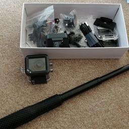 Sell full box with sjcam stuff and connectors. Selfie stick from go pro. Camera very good conditon like brand new with 32gb memory. Loads off space.