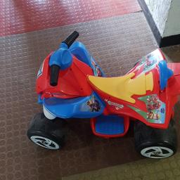 This paw patrol ride on bike has a few marks on it due to use. It comes with a charger .My son has outgrown it