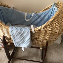 Natural wicker / blue dimple stars padded snooze with pod baby moses basket with stand
Brand new only used for a week.