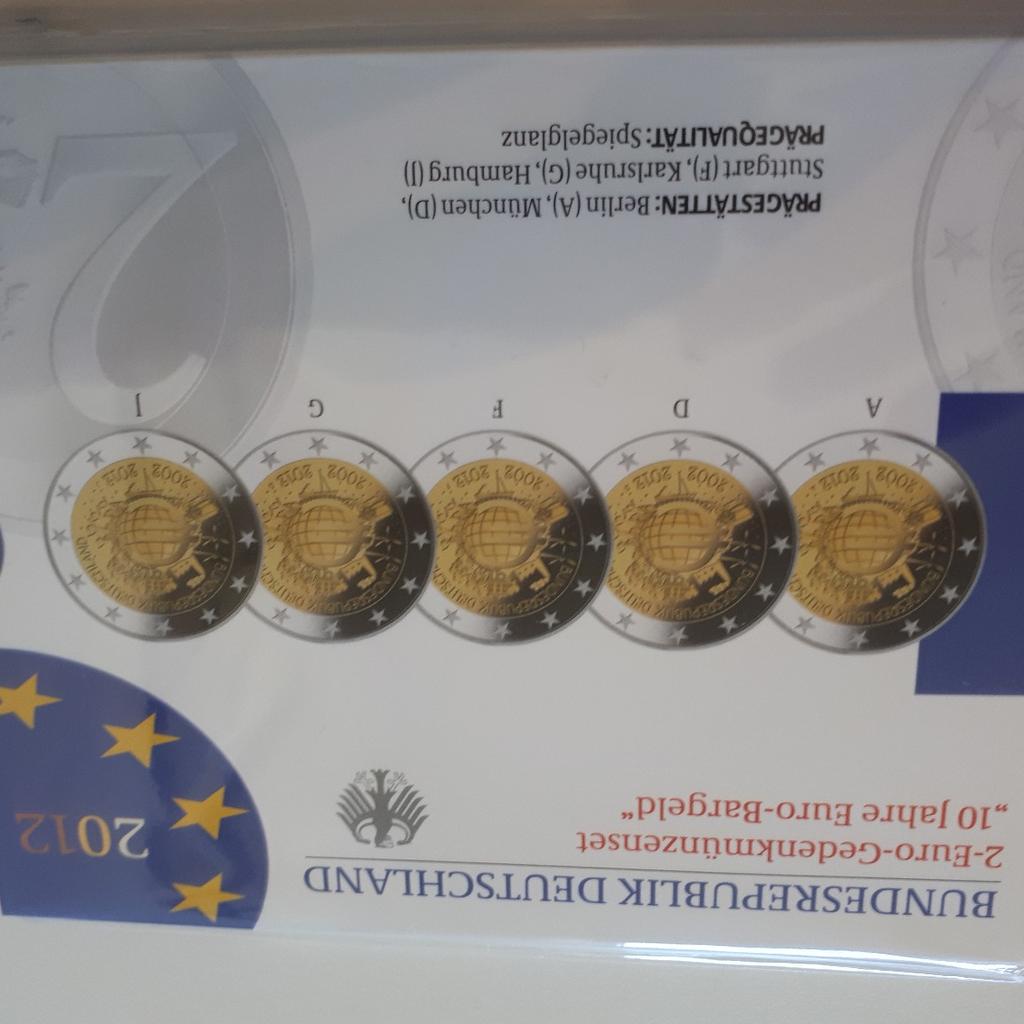 Set mit 5 Münzen der 5 Prägestätten der BRD "10 Jahre Euro Bargeld" in Polierter Platte. Zuzüglich Versandkosten.