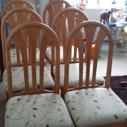SET OF SIX GORGEOUS DINING CHAIRS, GREAT CONDITION, SLIGHT SCUFFS TO WOOD AT SIDES. NO MARKS ON SEAT FABRIC. LIGHTISH COLOURED WOOD WITH CREAMY PATTERNED SEATS. PRICED TO SELL AS ARE NOW IN WAY. COLLECTION ONLY FROM BILLESLEY B13