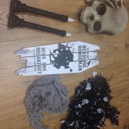 Skull ornament, black candles, own works one needs new batteries.
Rustic wooden sign, skull tinsel and 2x grey netting