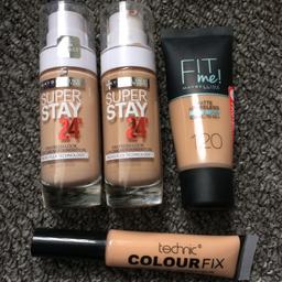 Maybelline super stay both used twice only - £6

Fit me is half full - £1.50

Colourfix concealer new unused - 50p

Naturally radiant one full in box and other uses once - £3.00

Makeup sponges - free

Or all together for £10