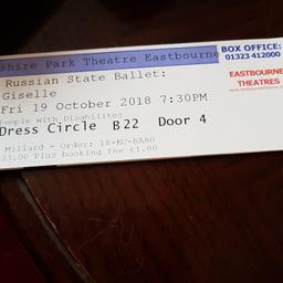 RUSSIAN STATE BALLET GISELLE FRIDAY 19TH OCTOBER. 7.30PM. TWO TICKETS FRIEND WHO WAS GOING WITH ME IS UNWELL SO SELLING BOTH TICKETS. DEVONSHIRE PARK THEATRE EASTBOURNE. GOOD SEATS IN DRESS CIRCLE SELLING 20 POUND FOR BOTH