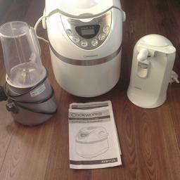 Bundle of pre-used kitchen items.
Breadmaker, Blender and Electric Can Opener.

Cookworks Breadmaker with instructions and recipes.
Kenwood Juice2Go Blender (only one cup)
Kenwood Electric Can opener with built-in bottle opener and knife sharpener.