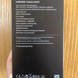 Selling my new Galaxy Note9 bought from Samsung. The samsung receipt is included. Used only for about one month and selling to upgrade. Mint condition with Samsung receipt. Collection only from SE1 5RG or can meet locally.