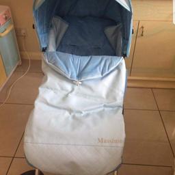 Massimo baby pram condition is like new it's blue leather it's how pictures r taken looks white and blue come with bag and rain cover and cosy toes