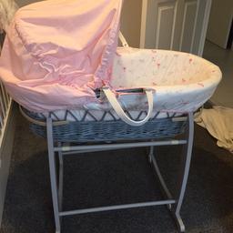 Pink Moses basket with grey rocking stand. Hardly used as baby wasn’t keen. Smoke and pet free home.