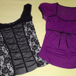 1x schwarz/grau mit Spitze u. Rosenmuster, 
1x violett/lila mit Schleifchen, schwarze Ränder
beide Tops sind stretch
