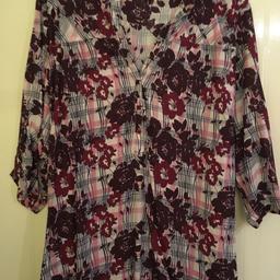 Size 26 Anya Madsen check multi print shirt with 3/4 length sleeves, v neck button detail