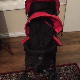 Double seat push chair, selling as don’t need it anymore.
It’s used, in good condition but one of the cover things has come loose. But still can get covered.