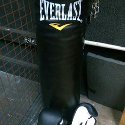 fitness punch bag with boxing gloves (large).
has the fasteners attached to allow the bag to be hung from a strong beam.
everlast make. 
gloves are Pro Power. 
£15 collection from wigan or Salford.