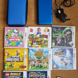 Some minor cosmetic blemishes NOT on screen otherwise very good condition. Comes with blue hard case, charger and top games:

3DS Luigi Mansion 2
3DS New Super Mario bros 2
3DS Super Mario 3D Land
3DS Hello Kitty & Friends
3DS Kid Icarus uprising
3DS Batman 2 DC Super Heroes
3DS Animal crossing New Leaf
3DS Puzzler Mind Gym
DS Pokeman Platinum

Collection or can post