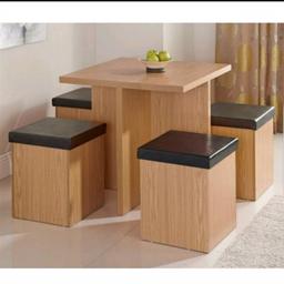 Space saving cube storage table, stools are hollow with lids for storage and go under table with no overhang. Two lids are damaged but don’t affect use hence low price, as shown in pictures.