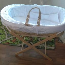 Moses basket and folding stand. Unisex white with little Grey hedgehogs. Not been used as brought one for upstairs and down but used cot instead. Paid 30 for basket and 10 for stand selling both for 15 as want out the way x