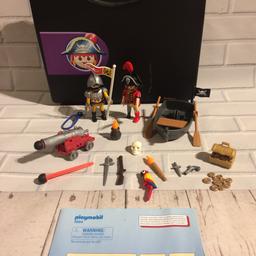 Includes a Playmobil pirate and soldier, a firing cannon, a row boat that floats, treasure and weapons. The set comes in a handy carry case to keep all the bits safely stored.

Complete and in a very good like new condition. Only case has a scratch on the top as seen on the picture.