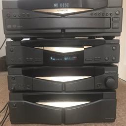 Kenwood Series 21 System includes:

• D-R350 5 Disc Carousel CD Player
• Stereo Cassette Deck X-S300
• C-V301 AV Control Centre
• M-A300 Power Amplifier
• Kenwood Remote Control Unit GRC-151
• Kenwood AV Centre to Power Amp Ribbon Cable

Cover of the cassette player is hanging on one side, the battery cover on remote doesn’t stay on, and general wear and tear, i.e scratches, little dent on the CD player. See photos attached.

Open to offers, collection only.