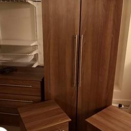 A wardrobe, 3 draw chest and 2 bedside cabinets all for sale. All matching and in good condition. Dark wood colour, Need to collect.