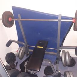 weider wide bench with 15kg bar, butterfly attachments on side, latt pull down, preacher curl attachment and leg attachment, 100kg in cast weights and about 80kg in plastic weights also a dumbell and curl bar, sit ups bench and boxing bag with bracket pads and gloves . collection only