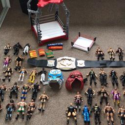 70 wwe figures, 1 big ring, 1 small ring, wwe champion belt, 2 adjustable masks, 5 variety sweatbands.