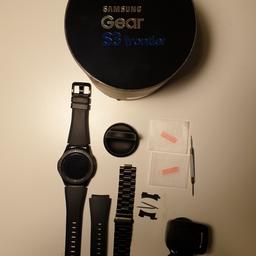 Samsung Gear S3 frontier.

Excellent Condition. 5 months old; only used for 3 months

Selling as I hardly use it since starting a job where no one is allowed to wear anything below elbows.

Has had a tempered glass protector since Day 1 so screen is immaculate. Shows very minor signs of use.

Comes with:
1. Receipt
2. Original box + Original accessories
3. Extra tempered glass protectors (x2)
4. Extra Black stainless steel band which cost around £25.
5. Warranty card

At this asking price, ONO