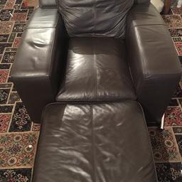3 seater brown leather sete with chair and poof in good used condition a few marks, but nothing major. Would be great for someone moving into there own place.