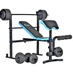 Menshealth foldable weight bench 
includes adjustable height preacher pad for bicep curls as well as a leg extension and hamstring curl attachment 

includes 
1 x 6ft bar 7.5kg 
2 x 45cm dumbbell bars 
4 x 5kg vinyl weight plates 
6 x 2.5kg vinyl weight plates 
When you're finished it folds easily for storage 

Never been used, been assembled so will be assembled when collected 

Dimensions when folded are as below 
58.5, 113, 138.5cm without the leg extension 

Collection only from Wednesbury