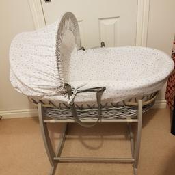 Clair De Lune Stars & Stripes Wicker Moses Basket 
Basket, stand, mattress, mattress protector, 2 Clair De Lune mattress covers, 2 unbranded mattress covers. Spare basket cover and 2 half blankets.
Good condition.
Used for 3 months only.
Smoke and pet free home.
Collection only.
(cost £130 brand new)