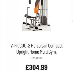 Excellent used condition.
Great working order.
Still retails at over £300 in Argos.

The V-fit CUG2 Compact Upright Home Gym allows you to exercise all your major muscle groups and provides you with a full body workout.

General information:

Weight stack 36kg providing 72kg maximum resistance.
Bench press.
Butterfly press.
Pec dec.
Leg extension.
Arm curl.
Low rowing.
Triceps press.
Shoulder press.
Chest press.
Back leg curl.
Lat pull down.
£85 o.n.o